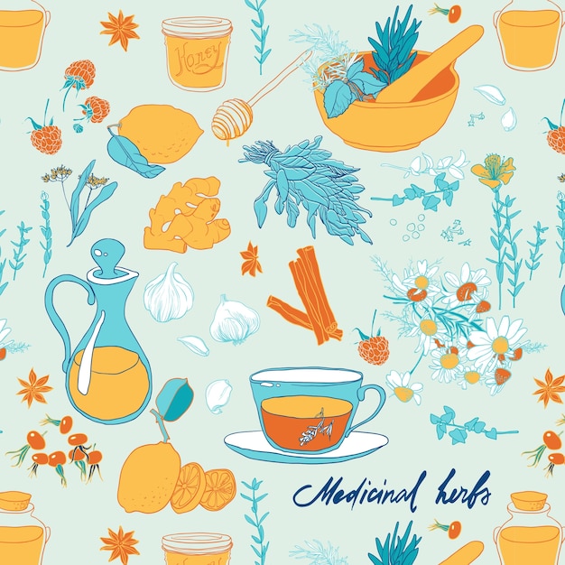 Set di oggetti e erbe per il trattamento di raffreddori. seamless pattern