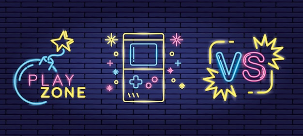 Set of objects related to video games in neon and lienal style