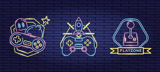 Set of objects related to video games in neon and linear style