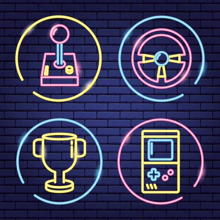 Free Vector set of objects related to video games in neon and linear style