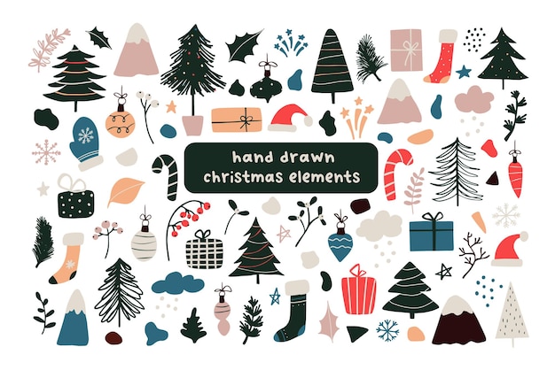 Набор абстрактных рождественских новогодних зимних иконок, рождественская елка, подарки, шары, снежинка, листья, ветка, красные ягоды, шляпа санта-клауса, абстрактные геометрические фигуры. векторная иллюстрация рисованной каракули плоский стиль Premium векторы