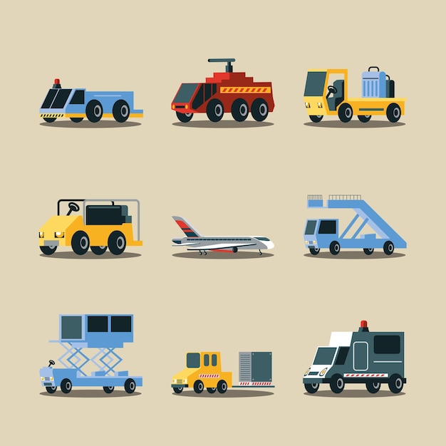 Бесплатное векторное изображение Набор грузовиков и машин для аэропорта