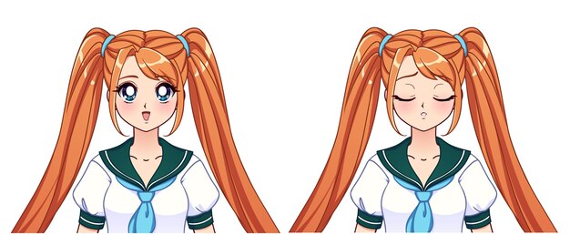 美しい赤い髪のアニメの女の子のイラスト プレミアムベクター