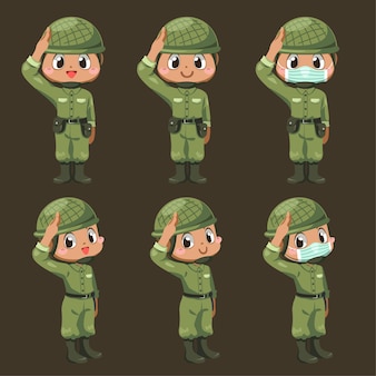 異なるアクションでライフルを保持し 漫画のキャラクター 孤立した平らなイラストで敬礼に立つ軍の兵士の男のセット 無料のベクター 異なるアクションでライフルを保持し 漫画のキャラクター 孤立した平らなイラストで敬礼に立つ軍の兵士の男のセット 無料のベクター