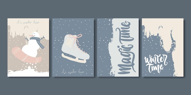 Бесплатное векторное изображение Набор художественных творческих зимних и рождественских открыток.