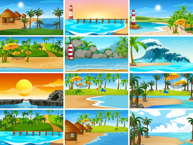 Бесплатное векторное изображение Набор пляжных сцен