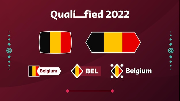 Набор флага бельгии и текста на фоне футбольного турнира 2022 года. векторная иллюстрация футбол шаблон для баннера, карты, веб-сайт. национальный флаг бельгии