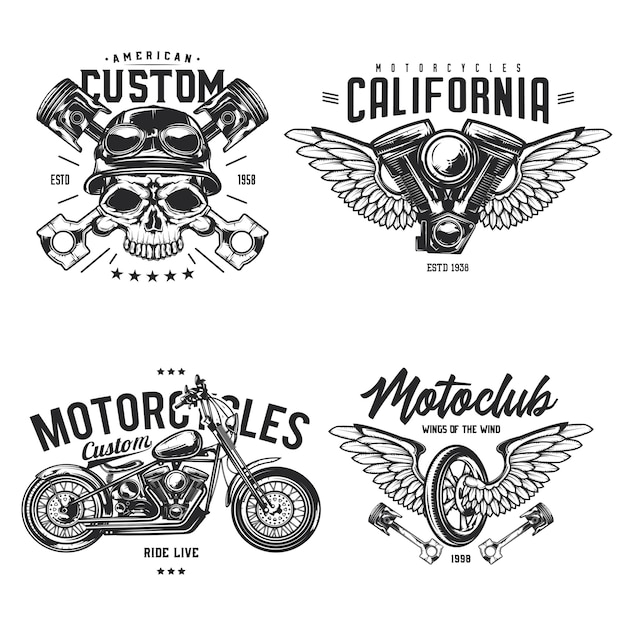 Набор байкерских и мотоциклетных эмблем, этикеток, значков, логотипов. изолированные на белом