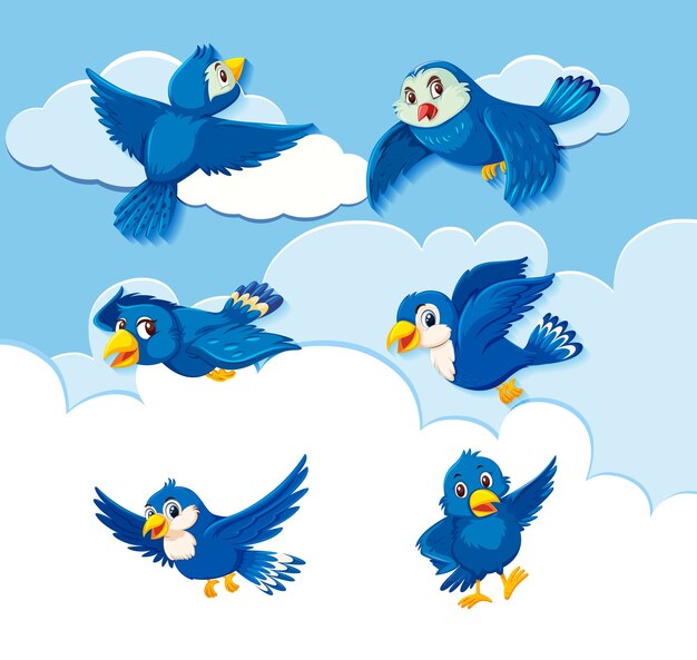 空の背景に鳥のキャラクターのセット プレミアムベクター
