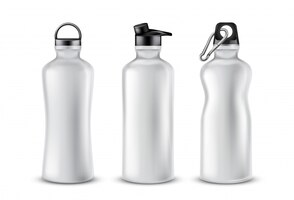 set of blank plastic bottles with lids for drinks, isolated on background.