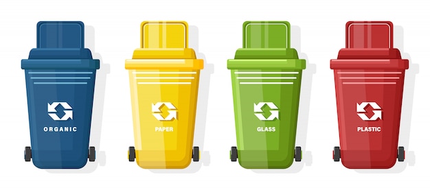 Бесплатное векторное изображение Набор синий, желтый, зеленый и красный мусорный бак с крышкой и знаком экологии