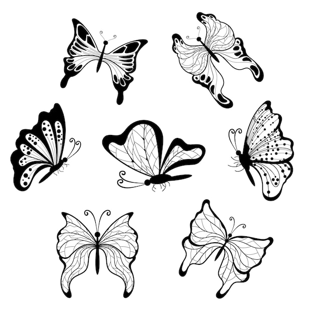 無料ベクター 分離された蝶のシルエットの黒と白の蝶のアイコンのセット
