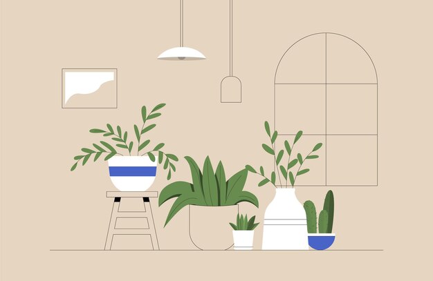 家の植物のサイドテーブルにアイビーポット多肉植物をぶら下げと現実的な白いレンガ壁のインテリア 無料のベクター
