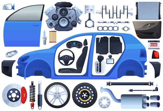 車のスペアパーツフラットアイコン ツールと修理 モーターとホイールのイラストベクトルを設計します 無料のベクター