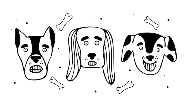 落書きスタイルの漫画犬犬の頭のベクトルイラストのセット