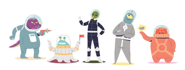 宇宙飛行士と宇宙人エイリアンのキャラクターイラスト プレミアムベクター