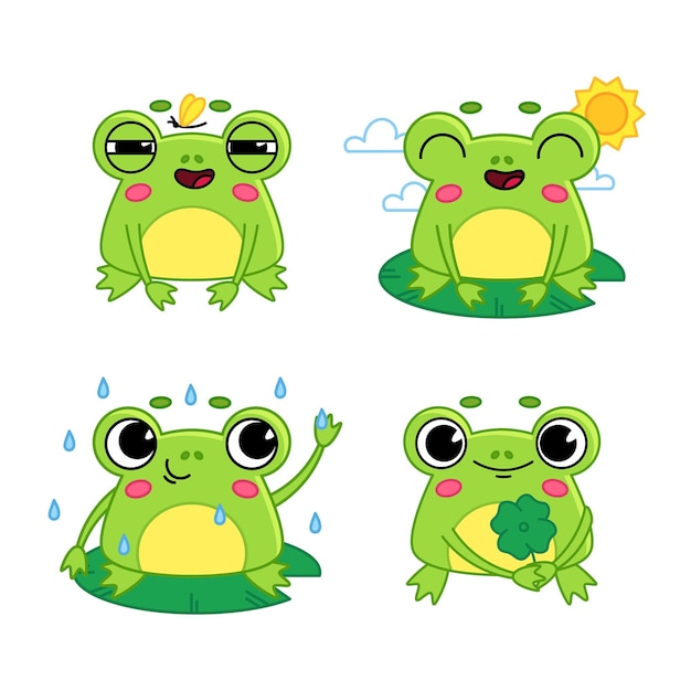 シャムロックを持ち、日光浴をし、蝶を捕まえ、雨を見ているカエルの漫画のキャラクターのセット