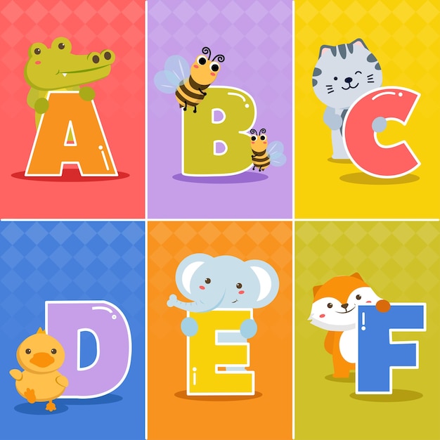 무료 벡터 유치원생이나 유치원의 만화 재미있는 차이 영어 알파벳 세트