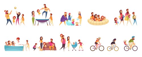 Набор мультяшных иконок семейного активного отдыха родителей с детьми в различных мероприятиях