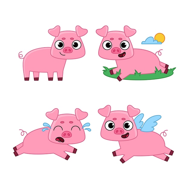 무료 벡터 만화 새끼 돼지 캐릭터 세트가 햇볕을 쬐고, 울고, 날개를 타고 날아다니고, 풀밭에 누워 있습니다.
