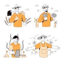 Бесплатное векторное изображение Набор мультяшных векторных фермеров или рабочих в шляпе урожай сельского хозяйства