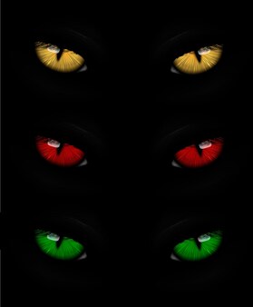 黒い背景に分離された吸血鬼の視力の邪悪な眉毛とまつげのイラストセットを持つ獣やモンスターと動物の怖い表情の漫画目悪魔眼球 プレミアムベクター 黒い背景に分離された吸血鬼の視力の邪悪な眉毛とまつげのイラストセットを持つ獣やモンスターと動物の怖い表情の漫画目悪魔眼球 プレミアムベクター