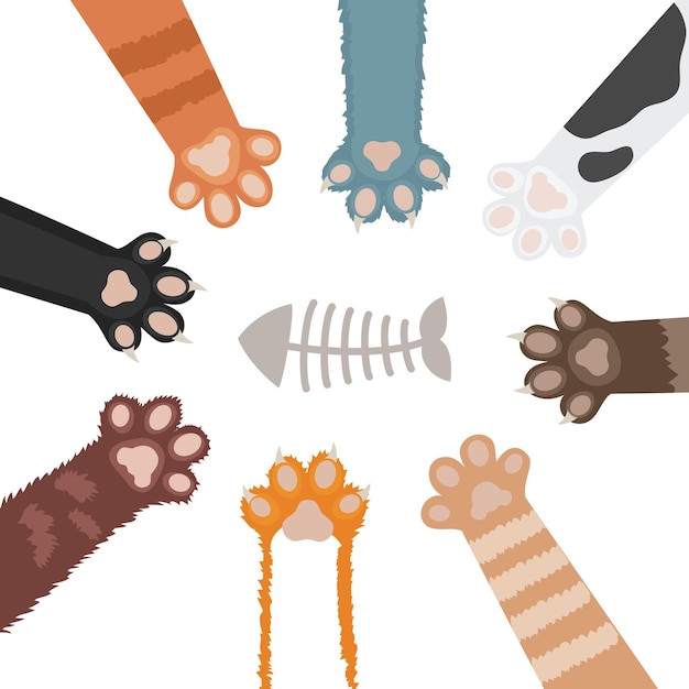 Бесплатное векторное изображение Набор кошек лапы иллюстрации шаржа. нога домашнего животного