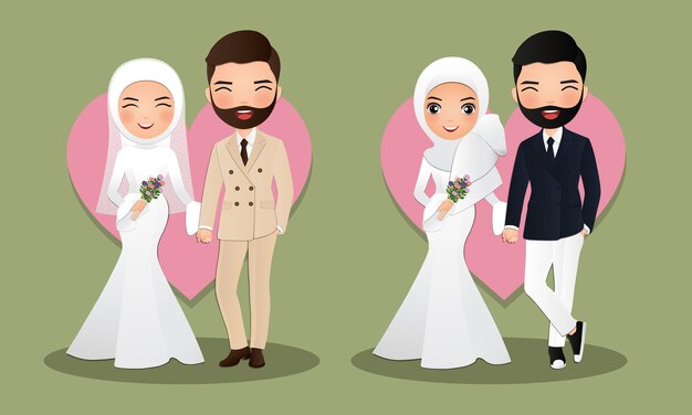 イスラム教徒の結婚式のカップルかわいい漫画キャライラスト プレミアムベクター