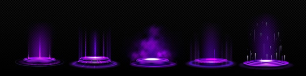 Бесплатное векторное изображение Набор круглых голограммных порталов с фиолетовым световым эффектом. векторная реалистичная иллюстрация футуристических игровых технологий. круглые подиумы с дымовыми лазерными лучами. неоновые блестки. телепорт в научную вселенную.