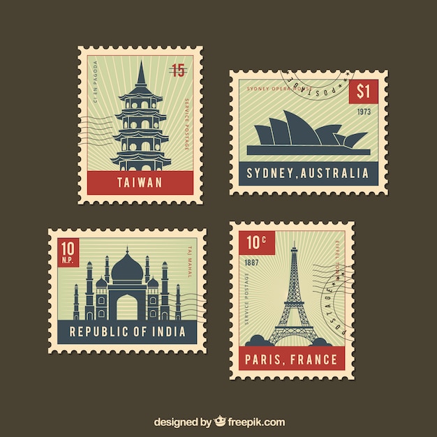 Набор городских марок в плоском стиле