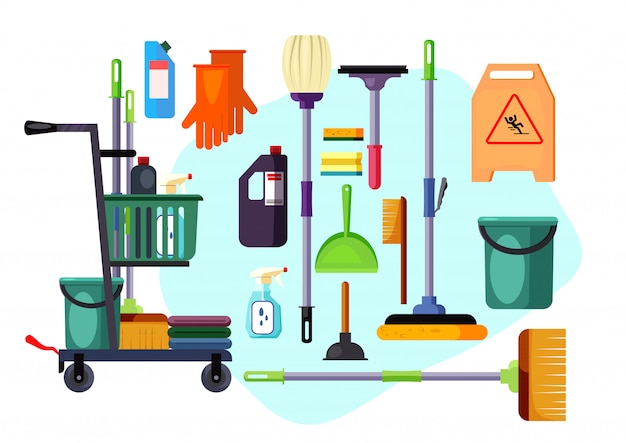 Бесплатное векторное изображение Набор чистящих средств и инструментов