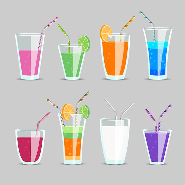 Бесплатное векторное изображение Набор коктейлей и фруктовых соков. стакан и молочный коктейль, апельсин и тоник, экзотический ингредиент смешать с соломинкой,