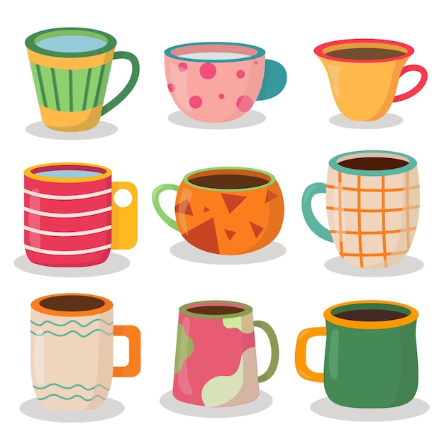 Бесплатное векторное изображение Набор кофейных кружек с разнообразными узорами и красивыми цветами