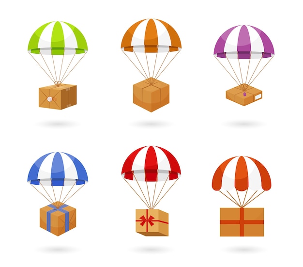 Бесплатное векторное изображение Набор цветных парашютов, перевозящих коричневые коробки для доставки, изолированные на белом фоне.