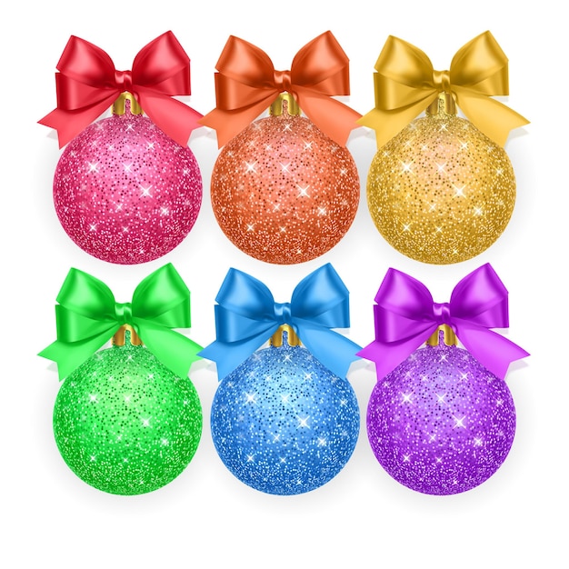 カラフルなクリスマスボールのセットは、透明に分離されたリアルな弓でテクスチャをきらびやか Premiumベクター