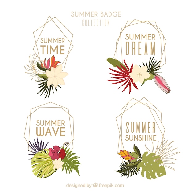Набор ярких летних значков с элементами пляжа в плоском стиле