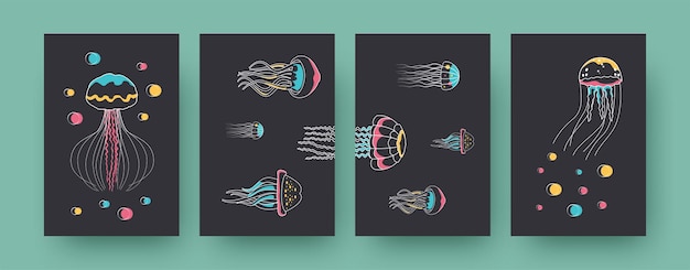 Набор современных плакатов с разными медузами. медузы плывут вверх и боком пастельные векторные иллюстрации