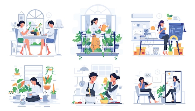 休憩時間、料理、または漫画のキャラクター、フラットなイラストの鉢植えの植物の世話をする自宅でのカップルのライフスタイルのセット