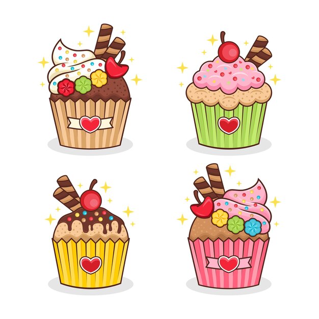 カップケーキキャラクター漫画イラストのセット プレミアムベクター