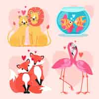 Бесплатное векторное изображение Набор милых пар животных на день святого валентина