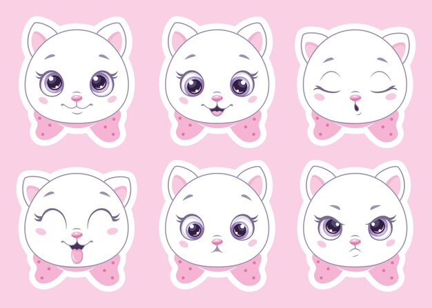 かわいい猫の顔 猫は顔文字 子猫の顔の表情に向かいます 幸せな笑顔 悲しい 怒っているとウインク猫 のイラスト 動物の感情と感情を設定します 漫画のキャラクターの絵文字 プレミアムベクター