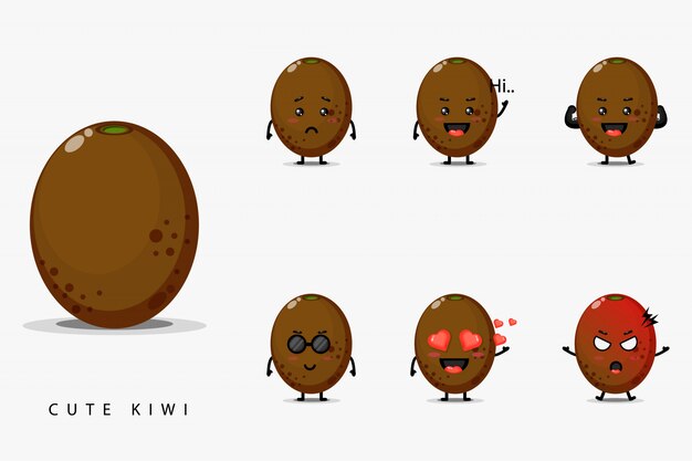 さまざまなアクションの感情でかわいいキウイフルーツのキャラクターのセット プレミアムベクター