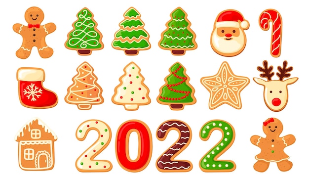 クリスマスのためのかわいいジンジャーブレッドクッキーのセット 白い背景で隔離 ベクトルイラスト プレミアムベクター