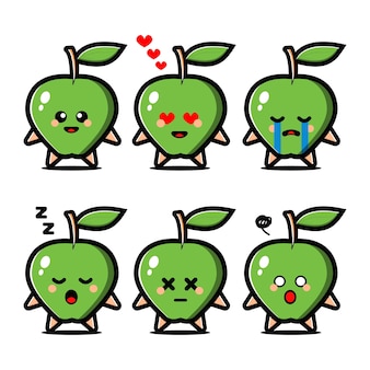 式の漫画のキャラクターのかわいい青リンゴのセット プレミアムベクター 式の漫画のキャラクターのかわいい青リンゴのセット プレミアムベクター