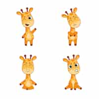 Бесплатное векторное изображение Набор милых нарисованных вручную жирафов, подмигивающих, чувствуя себя обиженными, медитируя, улыбаясь
