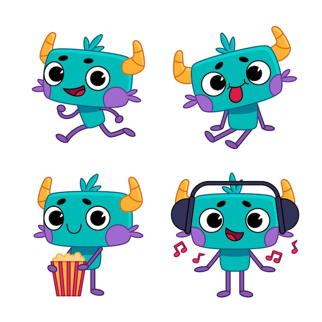 Бесплатное векторное изображение Набор милых нарисованных вручную маленьких монстров, бегающих с торчащим языком, поедающих попкорн и слушающих музыку