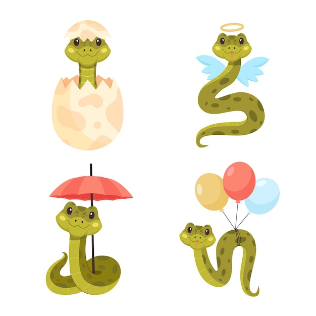 Бесплатное векторное изображение Набор милых нарисованных вручную змей в яичной скорлупе, летающих как ангел, сидящий под зонтиком и летающий на воздушных шарах