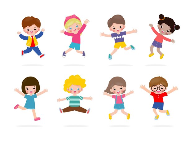 遊んでいる子供たちのイラスト かわいい子供ジャンプイラスト プレミアムベクター