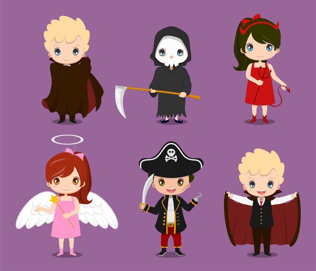 ハロウィンコスチュームイラストを身に着けているかわいい子供たちのセット プレミアムベクター