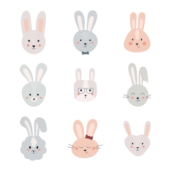 Набор милых кроликов смешные каракули животных маленький кролик в мультяшном стиле вектор модный скандинавский